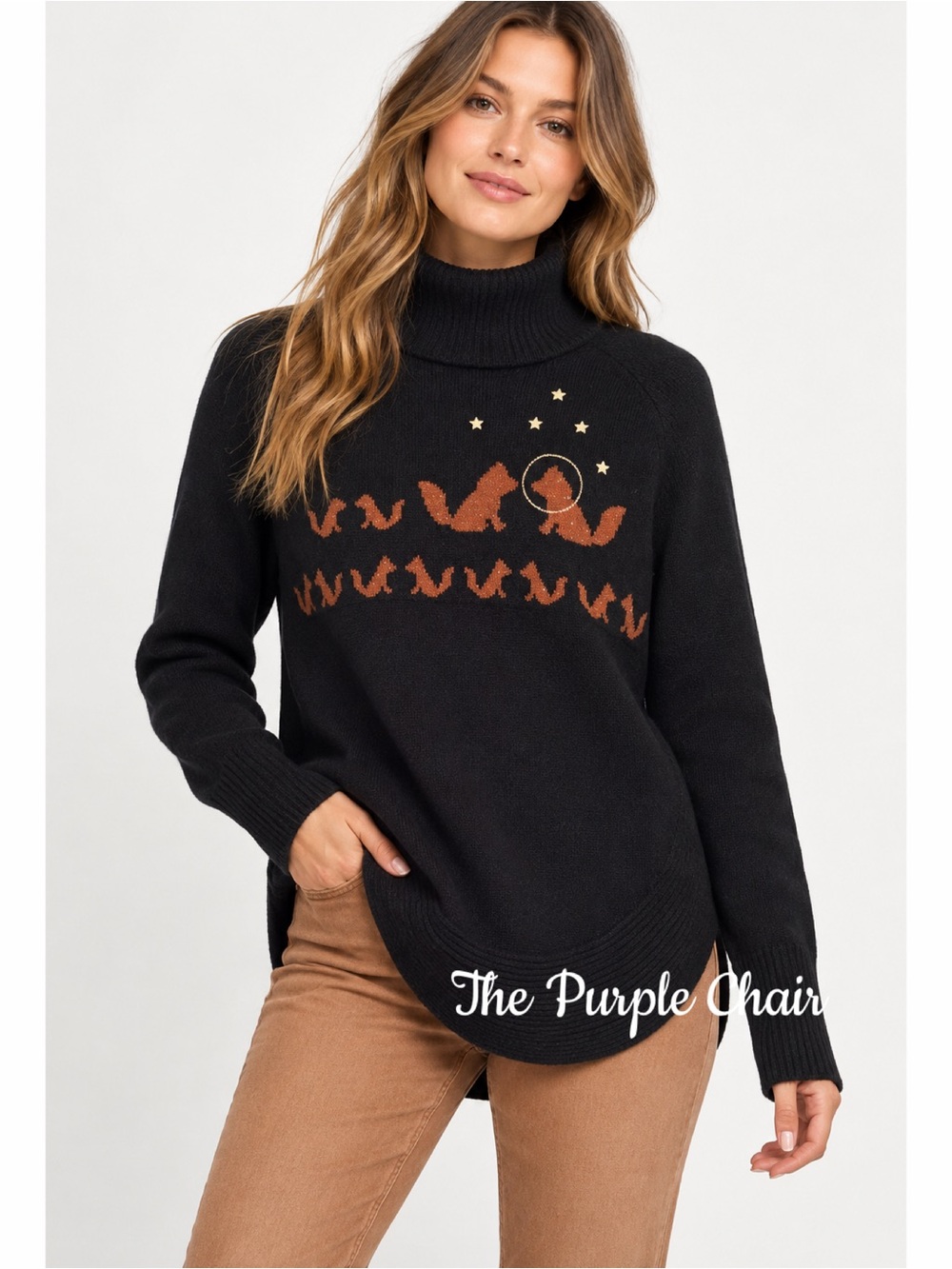 Moth ANTHROPOLOGIE Black Fanciful Fox Wool Blend Turtleneck Pullover Sweater S